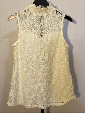 PerSeption Concept Cream Lace Top Women’s Sz Small Ruffle Mock Neck Ivory Top